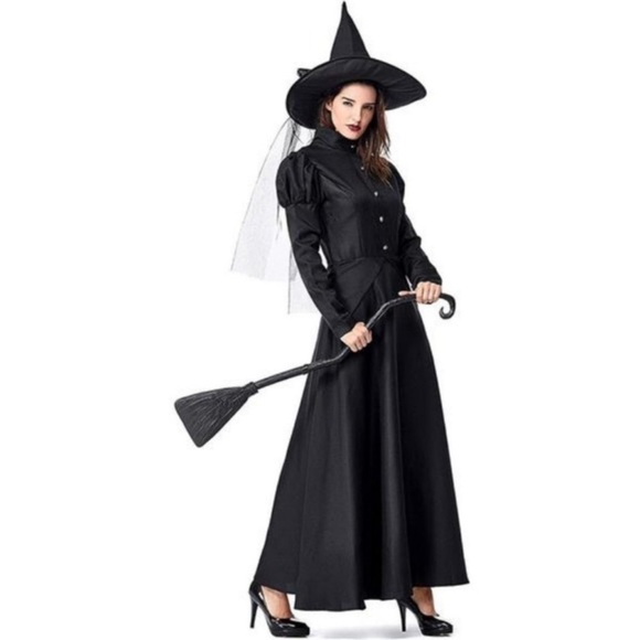 (4PC) Halloween Costume Black Witch Dress Long Maxi Petticoat Hat Hat scarf - Picture 2 of 5
